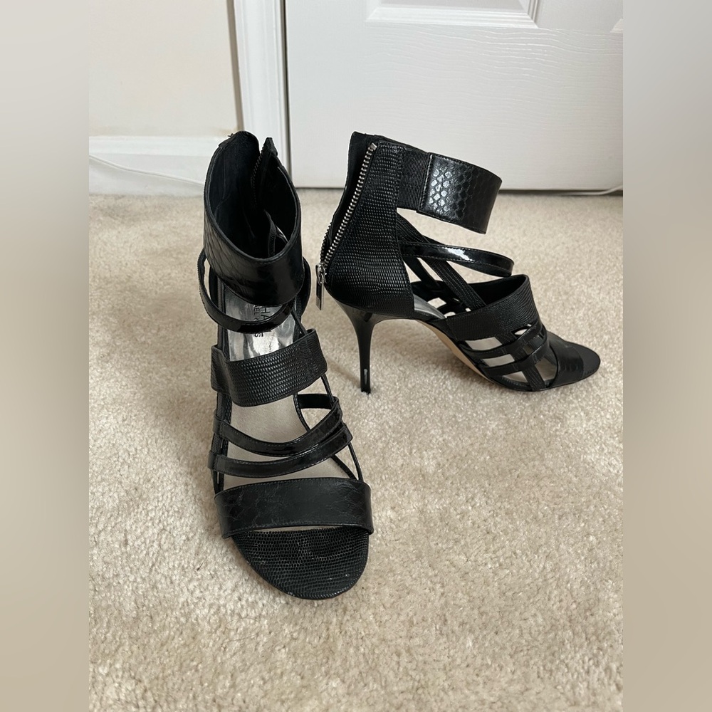 MICHAEL KORS Shiloh SNAKE embossed Petrol cage LOGO ZIP Gladiator High Heel 4” - Picture 2 of 7